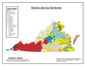 Color coded map of service territories.
      For a description, please contact the Division of Energy Regulation at (804) 
        371-9611 or toll-free (in Virginia only) 1-800-552-7945. Office hours 
        are 8:15 a.m. until 5:00 p.m. Monday through Friday.