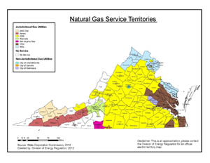 Color coded map of service territories.
      For a description, please contact the Division of Energy Regulation at (804) 
        371-9611 or toll-free (in Virginia only) 1-800-552-7945. Office hours 
        are 8:15 a.m. until 5:00 p.m. Monday through Friday.